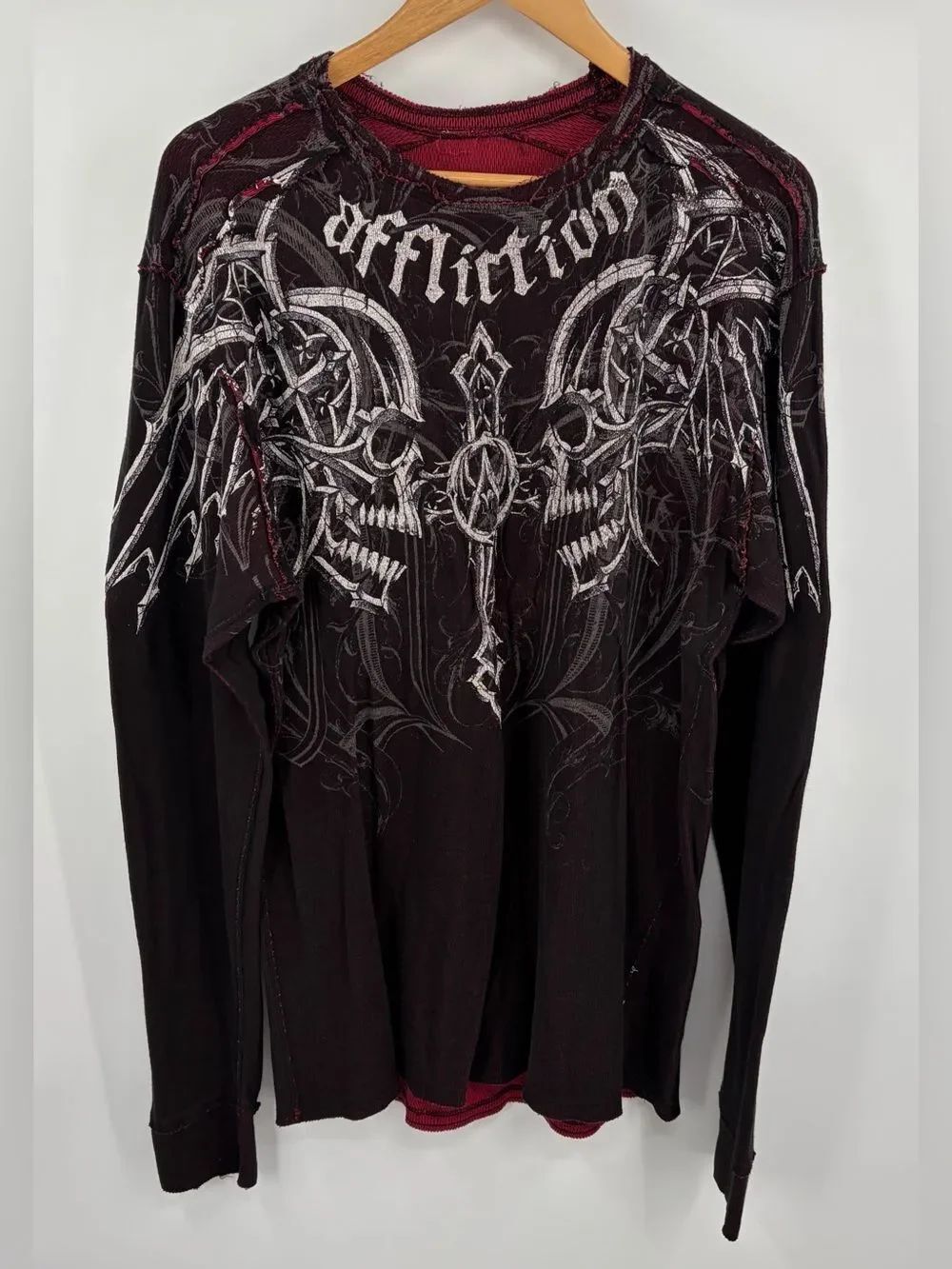 Affliction vintage reversible thermal long sleeve shirt skeletal cross men’s XXL